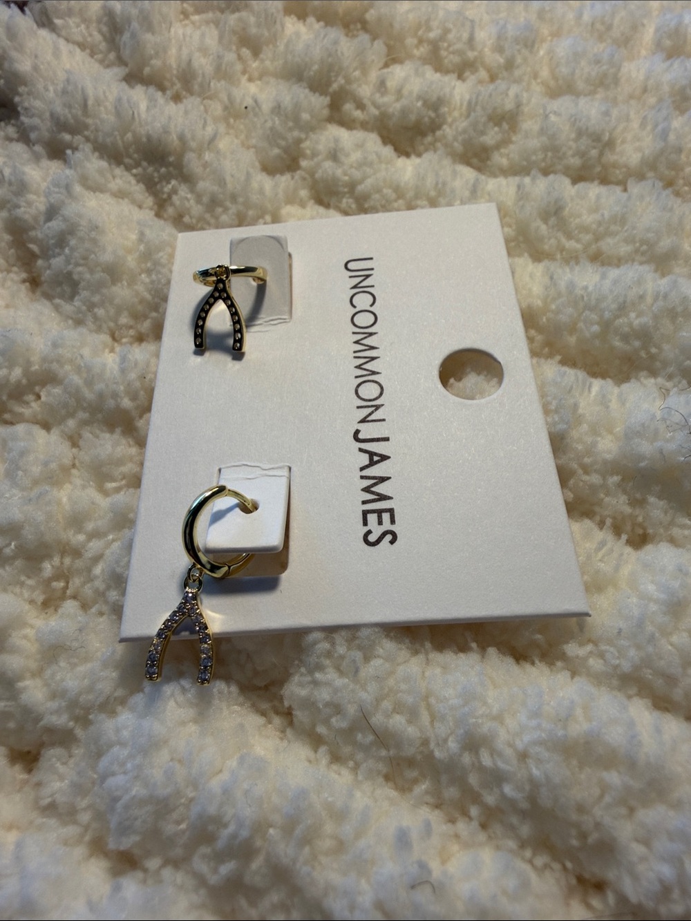 Uncommon James Gold Hoop Earrings with Pave Wishbone Charms - Picture 2 of 2